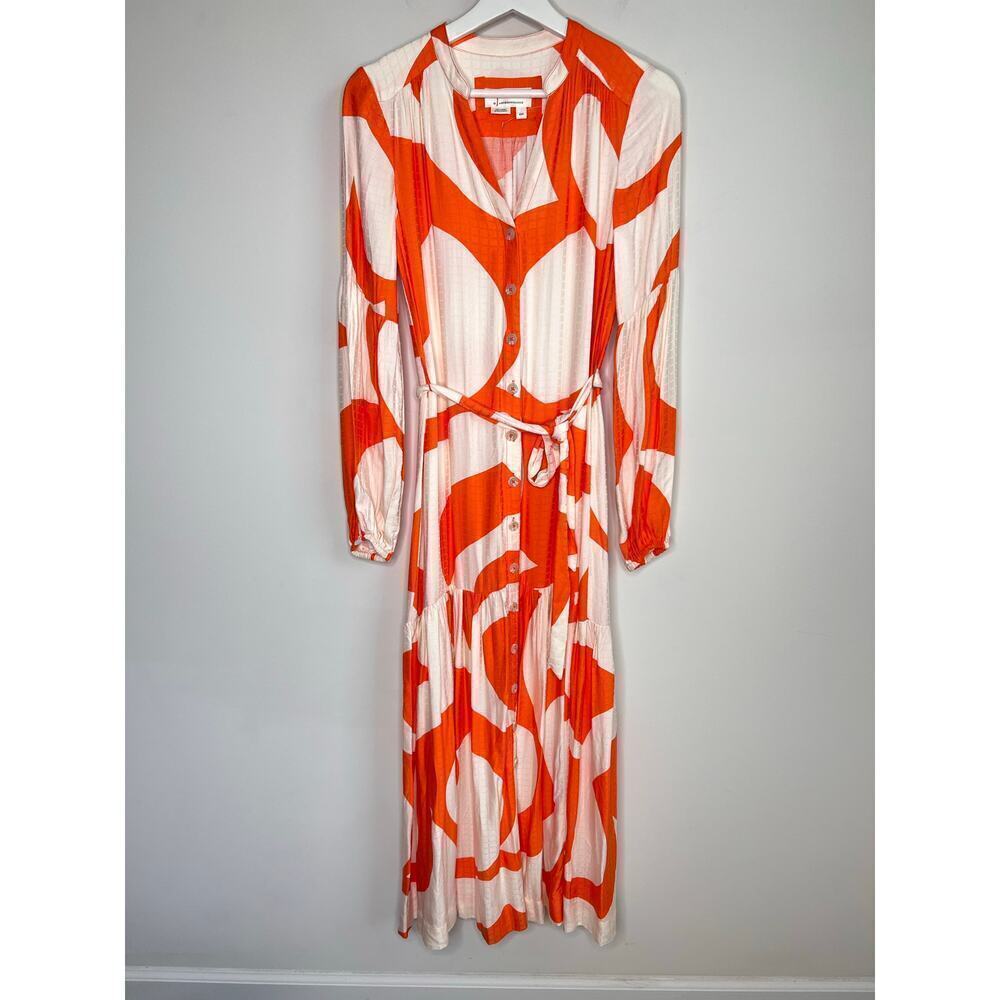 Anthropologie Tiered Buttondown Maxi Belted Dress Orange & White Abstract XXS - Picture 3 of 11